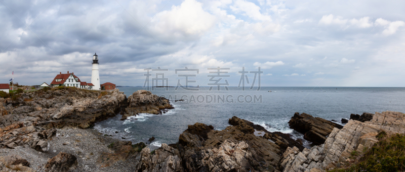 波特兰主灯塔,云,黄昏,大西洋,缅因州,著名景点,海岸线,岩石,户外,天空