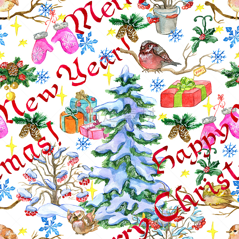 连指手套,鸟类,四方连续纹样,针叶树,礼物,白色,冬天,新年前夕,可爱的