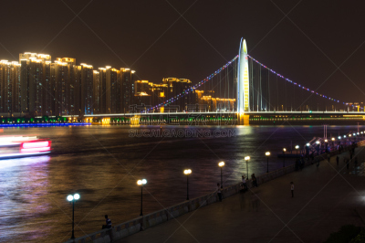 夜晚,桥,路灯,广州,广东省,水,新的,水平画幅,旅行者,运输