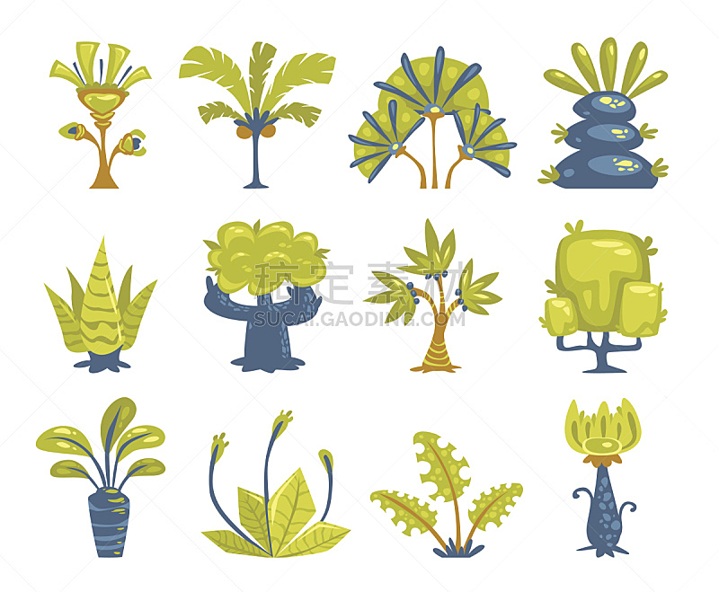 灌木,幻想,卡通,无人,自然,矢量,植物,图像,水平画幅,绘画插图