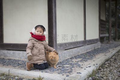 进行中,猫,女孩,外套,水平画幅,宠物主人,白人,羊皮靴,厚衣服,日本人