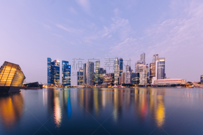新加坡市,城市天际线,水,天空,夜晚,早晨,滨水,都市风景,现代,建筑业