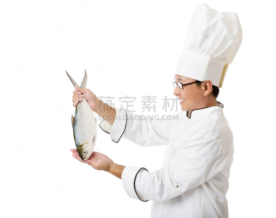 巨大的,白色,拿着,鱼肉,分离着色,快乐,遮目鱼,厨师帽,水平画幅,海产