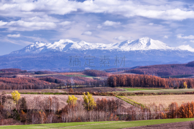 秋天,美瑛町,大雪山,北海道,天空,度假胜地,水平画幅,云,山,雪