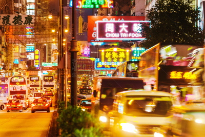 旺角弥敦道,九龙,交通,拥挤的,旺角,尖沙咀,夜市,双层巴士,公共交通,夜晚