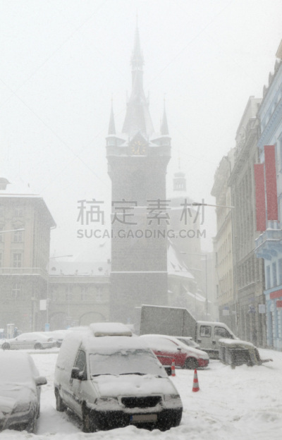 布拉格,塔,拥挤的,垂直画幅,雪,大约15世纪,无人,温塞斯拉斯广场,户外