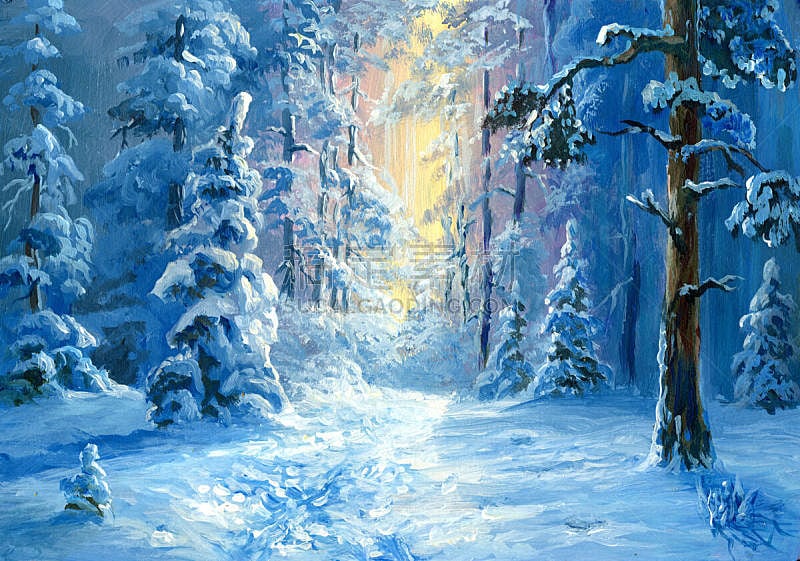 冬天,森林,寒冷,水彩画颜料,飘然,环境,霜,雪,天气