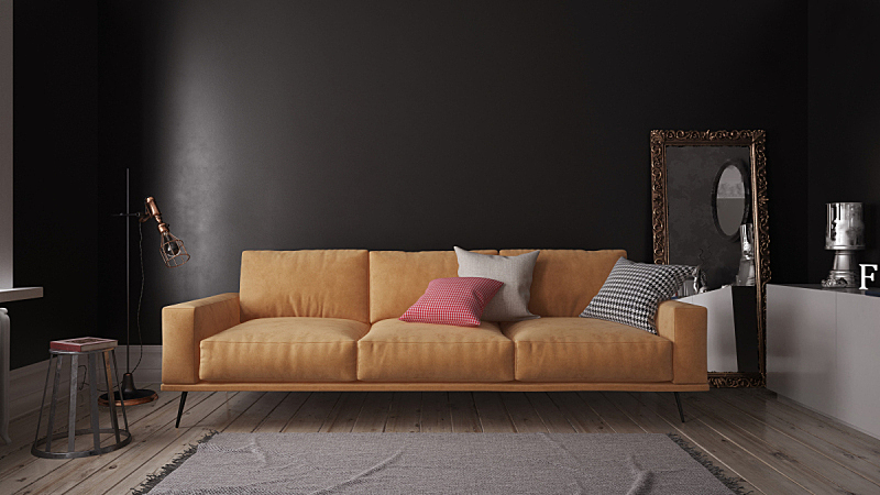 现代,室内,黑色,橙色,沙发床,空的,暗色,华贵,舒服,软垫