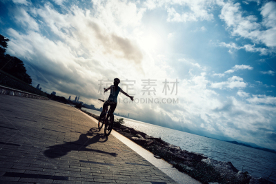 双手自由循环,黎明,山地车,海滩,女人,活力,运动,平衡,云,自行车