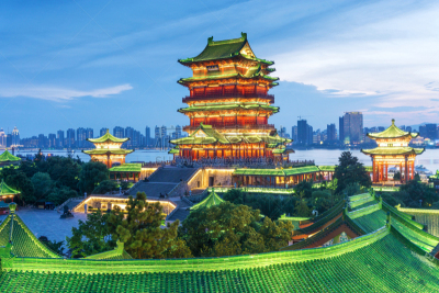 夜晚,滕王阁,南昌市,水平画幅,建筑,无人,蓝色,户外,都市风景,长江