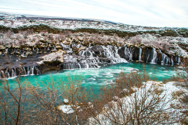 瀑布,hraunfossar,冰岛国,水,美,水平画幅,雪,旅行者,户外,火山岩