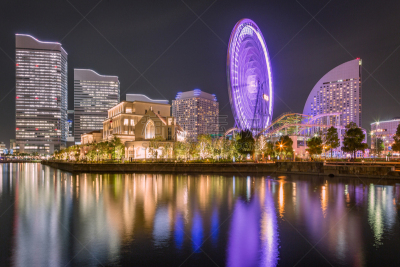横滨,夜晚,山下公园,横滨高速铁路,办公园区,摩天轮,神奈川县,天空,水平画幅,无人