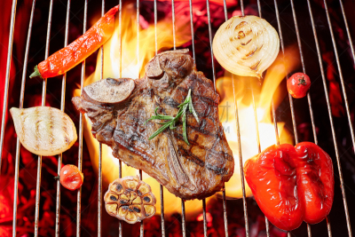 格子烤肉,牛排,烤肉架,肉,火,蔬菜,鲔鱼,热,暗色,烤的