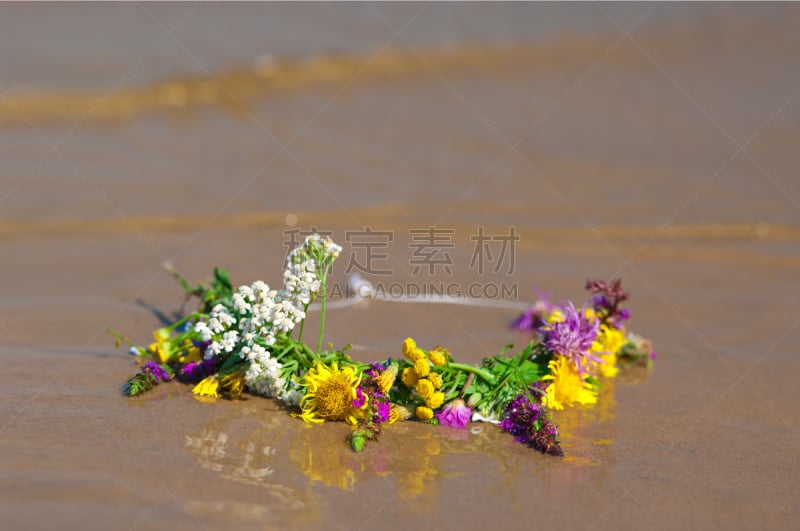 圆形,仅一朵花,水平画幅,沙子,无人,夏天,户外,湖,花束,海滩