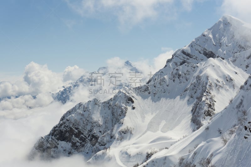 冬天,山,地形,云,红波利亚纳,高加索山脉,索契,天空,水平画幅,雪