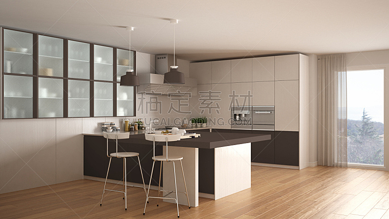 镶花地板,褐色,现代,白色,厨房,室内设计师,简单,极简构图,电扇,水槽