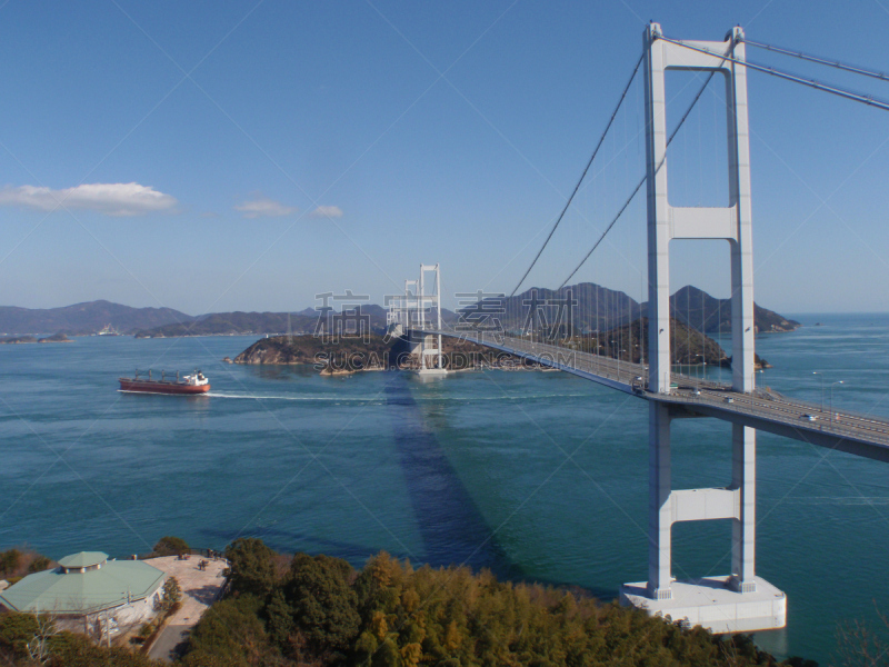 来岛海峡大桥,濑户内海,四国,天空,水平画幅,无人,2015年,吊桥,船,桥