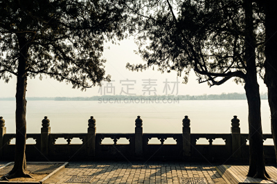 颐和园,湖,大理石,篱笆,昆明湖,公园,水平画幅,无人,古老的,户外