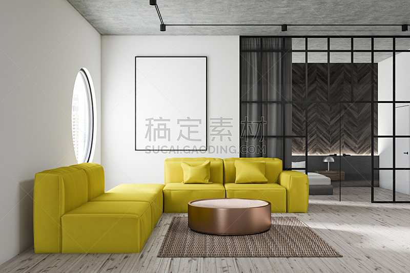 沙发,起居室,黄色,空的,扶手椅,华贵,舒服,地板,简单
