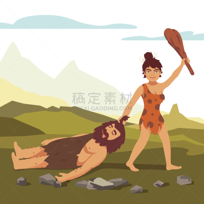 原始主义,女人,绘画插图,男人,络腮胡子,石器时代,家庭,动物,土人,动物皮