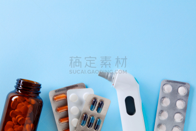 健康保健,药,药丸,瓶子,人的耳朵,温度计,药房,胶囊,蓝色背景,打包