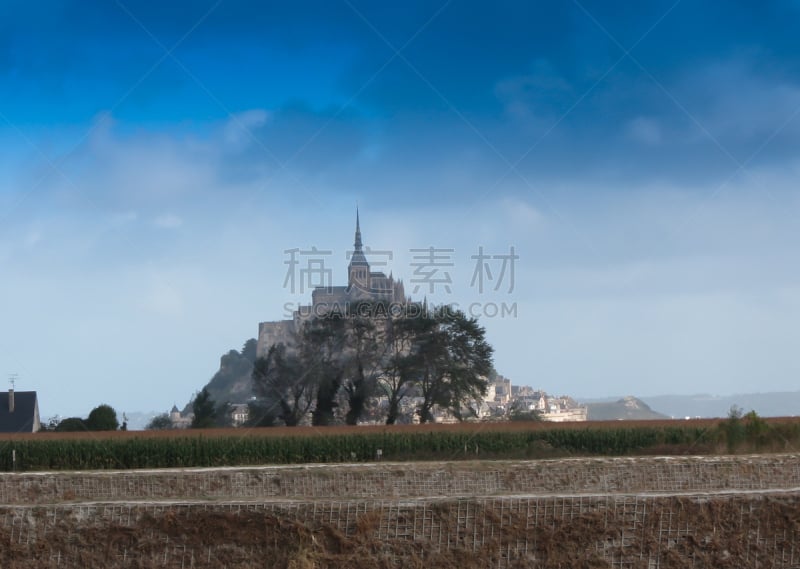 圣米歇尔山,全景,名声,圣米歇尔教堂,诺曼底,教堂,水平画幅,夏天,户外,布列塔尼