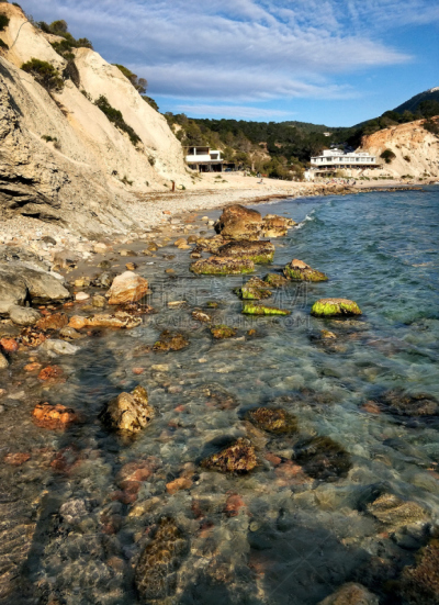 海滩,岩石,伊比沙岛,德霍特海湾,垂直画幅,天空,美,度假胜地,云,无人