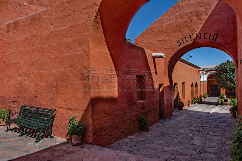 秘鲁,圣塔卡塔利纳修女院,阿雷基帕地区,修道院,红色,水平画幅,无人,色彩鲜艳,多色的,摄影