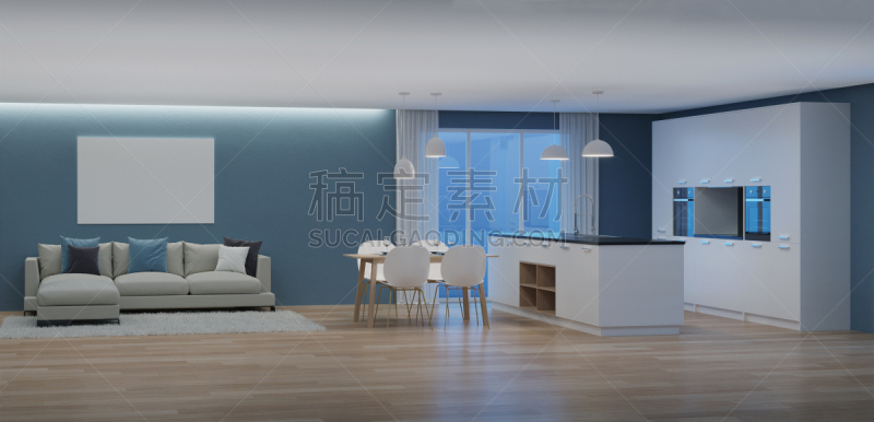 现代,三维图形,房屋,室内,夜晚,抽油烟机,窗帘,舒服,地板,炊具