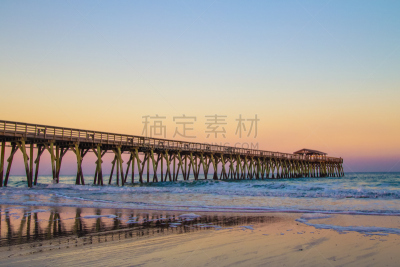 大西洋,南卡罗来那,米特海滩,码头,木制,海岸线,长的,宏伟,斯特兰德,日落