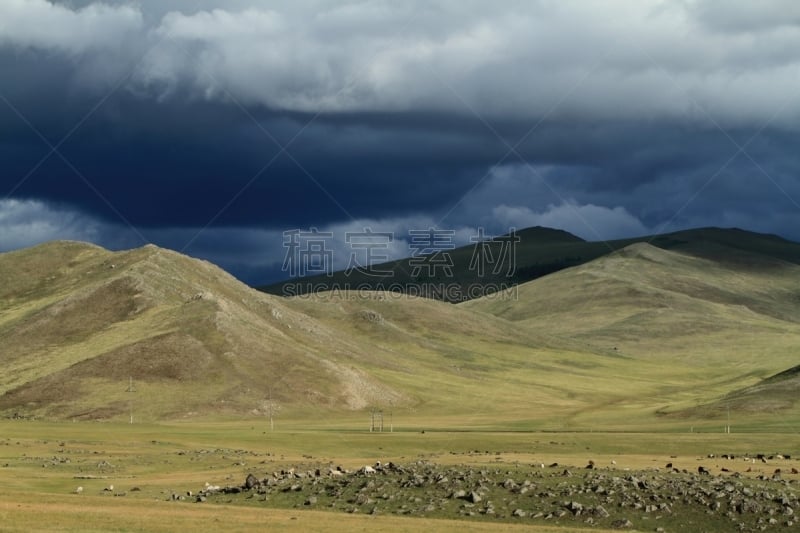 东欧大草原,鄂尔浑河谷,天空,暴风雨,柳树,水平画幅,山,无人,户外,云景