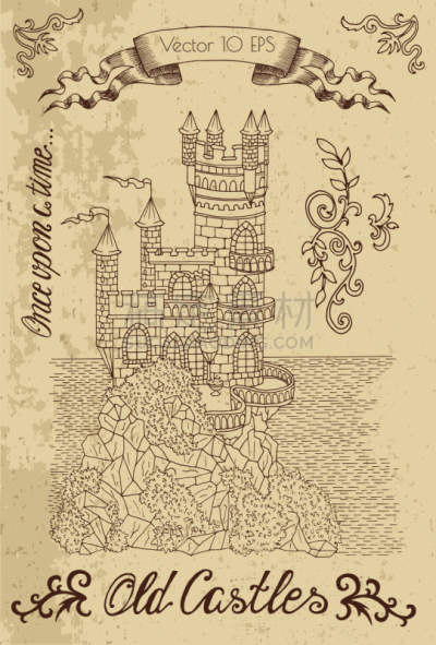 晕影效果,绘画插图,古典式,线条画,城堡,哥特式风格,中世纪时代,要塞,童话故事