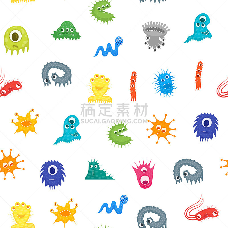 性格,四方连续纹样,卡通,细菌,矢量,背景,微生物学,绘画插图,符号,科学