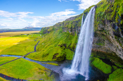 冰岛国,塞里雅兰瀑布,seljalandsfoss waterfall,瀑布,卡斯基德山脉,水,天空,水平画幅,无人,夏天