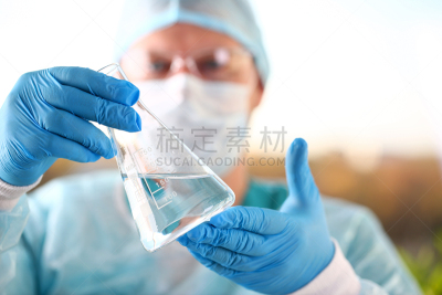 拿着,空的,手臂,科学家,特写,男性,药,纺织品,面具,科学实验