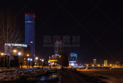 夜晚,冬天,叶卡捷林堡,城市,中心,被抛弃的,水,水平画幅,无人,户外