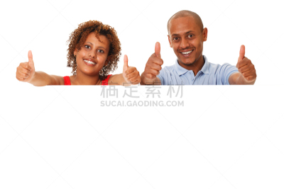 布告,空白的,青年伴侣,拿着,翘起大拇指,留白,非裔美国人,男性,支撑,窥视