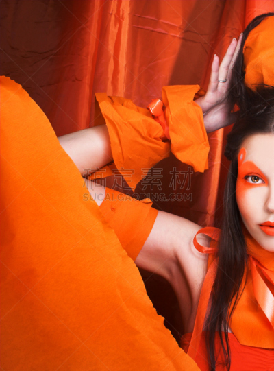 橙子,女孩,世界时尚,垂直画幅,青少年,彩妆,纹理效果,动物身体部位,化妆用品,人的眼睛