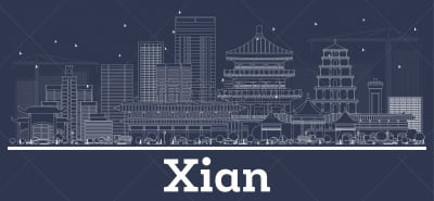 西安,白色,轮廓,建筑外部,商务,细的,现代,著名景点,背景,绘画插图