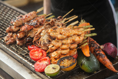 格子烤肉,柠檬,清新,章鱼,鳄梨,虾,烤肉串,水平画幅,开胃品,海产