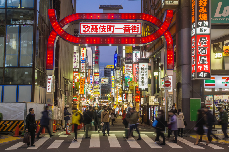 歌舞伎町,红灯区,新宿区,十字路口,霓虹色,水平画幅,夜晚,忙碌,商店,户外