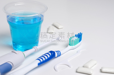 特写,牙线,口香糖,牙刷,口腔卫生,白色背景,漱口水,美,牙冠,变形链球菌