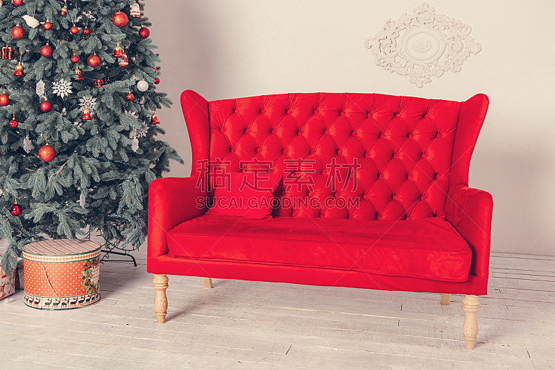 圣诞树,沙发,红色,球,新的,水平画幅,夜晚,历日,传统