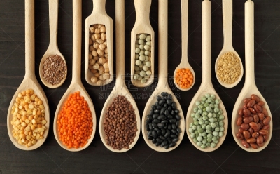 扁豆,豌豆,豆,胡芦巴,胡荽籽,亚麻种子,褐色,式样,水平画幅,绿色