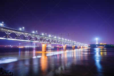 湖北省,长江,铁路桥,水,天空,水平画幅,夜晚,无人,当地著名景点,光亮