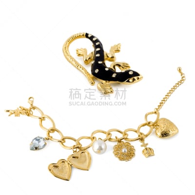 金链,背景分离,华贵,多链项链,蜥蜴,镀金的,珍珠耳环,贵重宝石,钻石,礼物