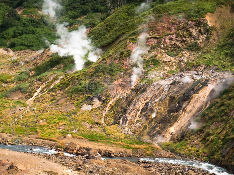 间歇泉,山谷,阶调图片,河流,流水,布林斯通山,地热发电站,喷气孔,堪察加半岛,硫磺