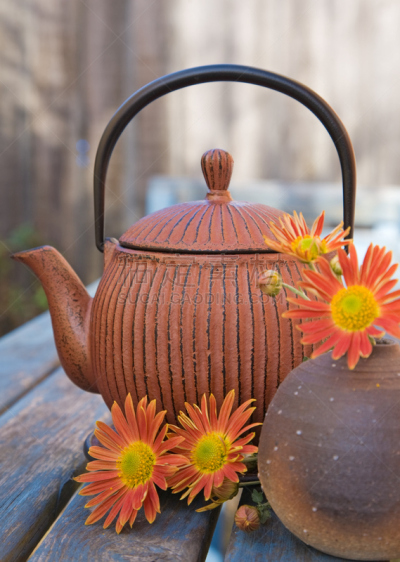 秋天,茶,日本钢茶壶,垂直画幅,美,仿旧磨损的效果,橙色,蓝色,户外,饮料