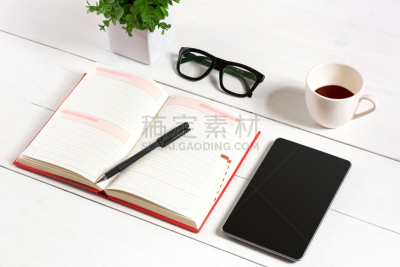 白色,书桌,杯,看风景,办公室,在上面,空白的,桌子,笔记本,设备用品