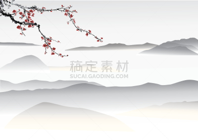 山,绘画作品,绘画艺术品,花朵,墨水,日本,中国,地形,樱花,云景
